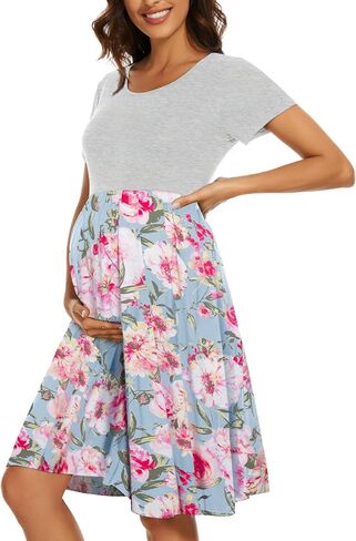 Women's Short Sleeve Maternity Dress Patchwork Pregnancy Clothes with Pockets in Kuwait
