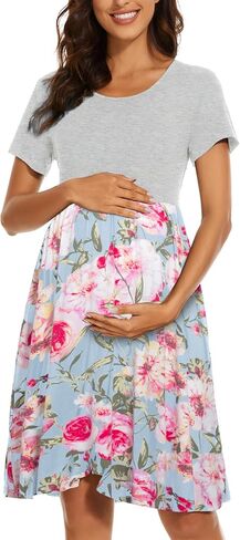 Women's Short Sleeve Maternity Dress Patchwork Pregnancy Clothes with Pockets in Kuwait
