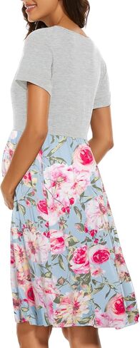 Women's Short Sleeve Maternity Dress Patchwork Pregnancy Clothes with Pockets in Kuwait