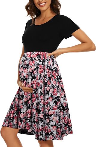 Women's Short Sleeve Maternity Dress Patchwork Pregnancy Clothes with Pockets in Kuwait