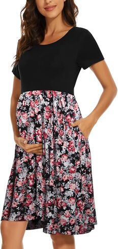 Women's Short Sleeve Maternity Dress Patchwork Pregnancy Clothes with Pockets in Kuwait