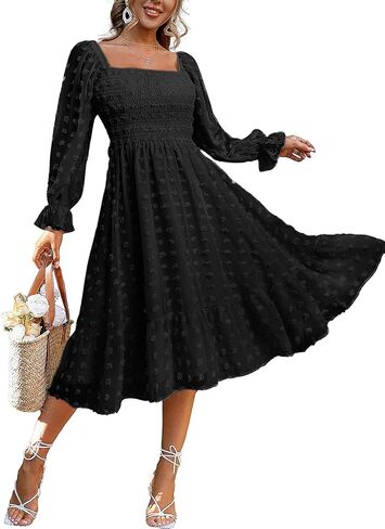 Amegoya Women's Boho Flowy Long Sleeve Square Neck Floral Midi Dress Smocked Spring Fall Wedding Guest Dresses in Saudi Arabia