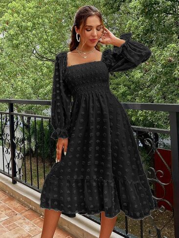 Amegoya Women's Boho Flowy Long Sleeve Square Neck Floral Midi Dress Smocked Spring Fall Wedding Guest Dresses in Saudi Arabia