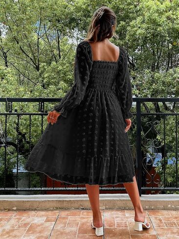 Amegoya Women's Boho Flowy Long Sleeve Square Neck Floral Midi Dress Smocked Spring Fall Wedding Guest Dresses in Saudi Arabia