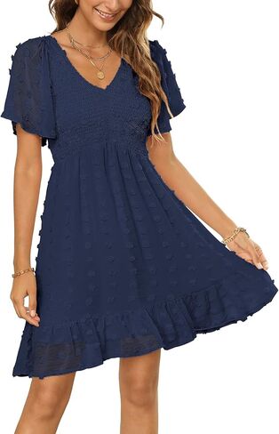 Zattcas Womens 2026 Summer Smocked Dress Short Flutter Sleeve V Neck Swiss Dot Babydoll Ruffle Tiered Mini Dress in Saudi Arabia
