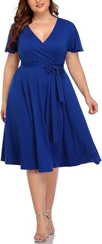 Pinup Fashion Plus Size Wedding Guest Semi Formal Cocktail Wrap Knee Dress | Knit, faux wrap v-neck, short ruffle sleeves, empire waist, removable belt, knee-length, wedding guest, semi formal, easter in Saudi Arabia