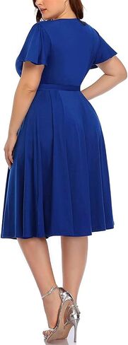 Pinup Fashion Plus Size Wedding Guest Semi Formal Cocktail Wrap Knee Dress | Knit, faux wrap v-neck, short ruffle sleeves, empire waist, removable belt, knee-length, wedding guest, semi formal, easter in Saudi Arabia