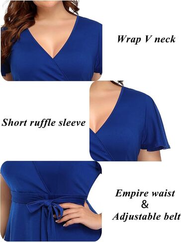 Pinup Fashion Plus Size Wedding Guest Semi Formal Cocktail Wrap Knee Dress | Knit, faux wrap v-neck, short ruffle sleeves, empire waist, removable belt, knee-length, wedding guest, semi formal, easter in Saudi Arabia