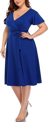 Pinup Fashion Plus Size Wedding Guest Semi Formal Cocktail Wrap Knee Dress | Knit, faux wrap v-neck, short ruffle sleeves, empire waist, removable belt, knee-length, wedding guest, semi formal, easter in Saudi Arabia