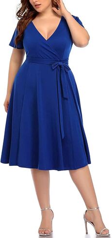 Pinup Fashion Plus Size Wedding Guest Semi Formal Cocktail Wrap Knee Dress | Knit, faux wrap v-neck, short ruffle sleeves, empire waist, removable belt, knee-length, wedding guest, semi formal, easter in Saudi Arabia