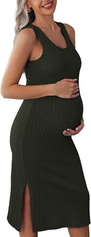 Ekouaer Maternity Dress Rib Knit Sleeveless Side Slit Pregnancy Clothes | Soft Tank Bodycon, Strechy Fitted Tight, Summer Casual Maternity Dresses, Baby Shower Dress XS-XXL in Saudi Arabia