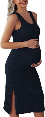 Ekouaer Maternity Dress Rib Knit Sleeveless Side Slit Pregnancy Clothes | Soft Tank Bodycon, Strechy Fitted Tight, Summer Casual Maternity Dresses, Baby Shower Dress XS-XXL in Saudi Arabia