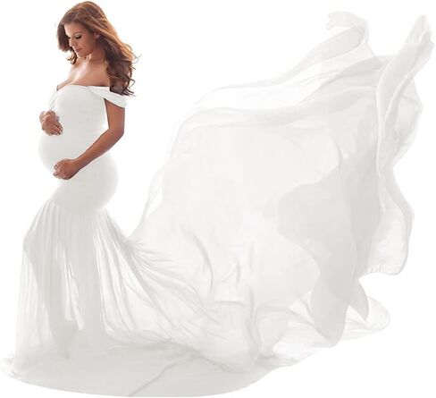 Women Maternity Dress for Photography Mermaid Off Shoulder Slim Fitted Chiffon Gown Flowy Baby Shower Maxi Photo Props Dress in Saudi Arabia