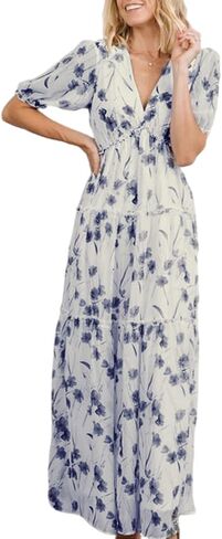 Amegoya Women's Casual Short Sleeve V Neck Floral Maxi Dresses Boho Beach Photoshoot Flowy Ruffle Long Dress in Saudi Arabia