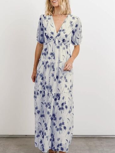 Amegoya Women's Casual Short Sleeve V Neck Floral Maxi Dresses Boho Beach Photoshoot Flowy Ruffle Long Dress in Saudi Arabia