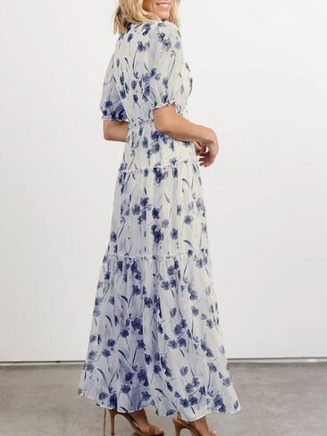 Amegoya Women's Casual Short Sleeve V Neck Floral Maxi Dresses Boho Beach Photoshoot Flowy Ruffle Long Dress in Saudi Arabia