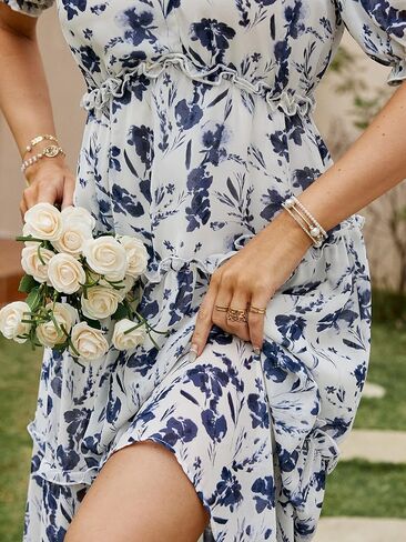 Amegoya Women's Casual Short Sleeve V Neck Floral Maxi Dresses Boho Beach Photoshoot Flowy Ruffle Long Dress in Saudi Arabia