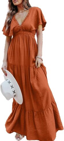 Amegoya Women's Casual Short Sleeve V Neck Floral Maxi Dresses Boho Beach Photoshoot Flowy Ruffle Long Dress in Saudi Arabia