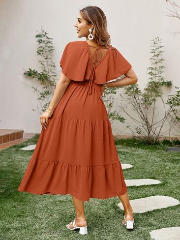 Amegoya Women's Casual Short Sleeve V Neck Floral Maxi Dresses Boho Beach Photoshoot Flowy Ruffle Long Dress in Saudi Arabia