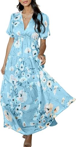 Amegoya Women's Casual Short Sleeve V Neck Floral Maxi Dresses Boho Beach Photoshoot Flowy Ruffle Long Dress in Saudi Arabia