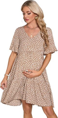 FUNJULY Maternity Dress Womens Casual Babydoll Dress Ruffle Short Sleeve V Neck Floral Printed Flowy Mini Short Tunic Dress in Saudi Arabia
