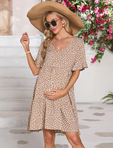 FUNJULY Maternity Dress Womens Casual Babydoll Dress Ruffle Short Sleeve V Neck Floral Printed Flowy Mini Short Tunic Dress in Saudi Arabia