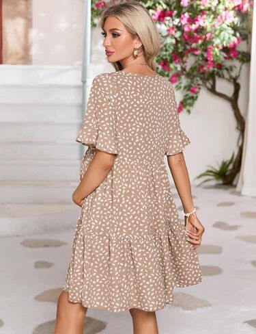 FUNJULY Maternity Dress Womens Casual Babydoll Dress Ruffle Short Sleeve V Neck Floral Printed Flowy Mini Short Tunic Dress in Saudi Arabia