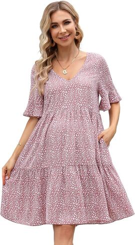 FUNJULY Maternity Dress Womens Casual Babydoll Dress Ruffle Short Sleeve V Neck Floral Printed Flowy Mini Short Tunic Dress in Saudi Arabia