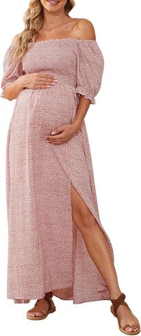 guruixu Floral Maxi Maternity Dress for Photoshoot and Baby Showe | Smocked Bodice, On or Off-Shoulder, Puff Sleeves, A-Line Flowy Sundress, Wedding Guest Vacation Beach Pregnancy Dress in Saudi Arabia