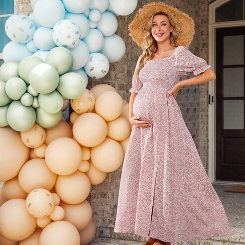 guruixu Floral Maxi Maternity Dress for Photoshoot and Baby Showe | Smocked Bodice, On or Off-Shoulder, Puff Sleeves, A-Line Flowy Sundress, Wedding Guest Vacation Beach Pregnancy Dress in Saudi Arabia