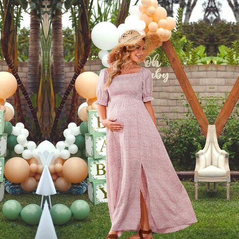 guruixu Floral Maxi Maternity Dress for Photoshoot and Baby Showe | Smocked Bodice, On or Off-Shoulder, Puff Sleeves, A-Line Flowy Sundress, Wedding Guest Vacation Beach Pregnancy Dress in Saudi Arabia