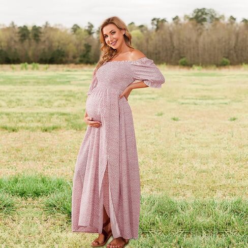 guruixu Floral Maxi Maternity Dress for Photoshoot and Baby Showe | Smocked Bodice, On or Off-Shoulder, Puff Sleeves, A-Line Flowy Sundress, Wedding Guest Vacation Beach Pregnancy Dress in Saudi Arabia