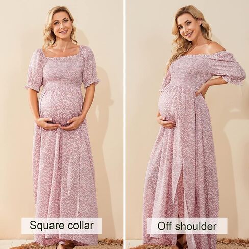 guruixu Floral Maxi Maternity Dress for Photoshoot and Baby Showe | Smocked Bodice, On or Off-Shoulder, Puff Sleeves, A-Line Flowy Sundress, Wedding Guest Vacation Beach Pregnancy Dress in Saudi Arabia