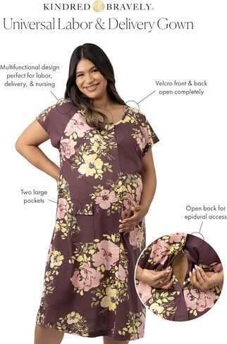 Kindred Bravely Universal Labor and Delivery Gown for Birthing and Nursing | Soft maternity hospital gown with velcro for monitoring, epidural, skin-to-skin contact, breastfeeding nightgown with pockets in Saudi Arabia