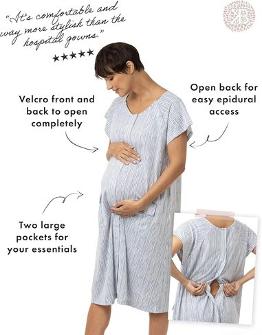 Kindred Bravely Universal Labor and Delivery Gown for Birthing and Nursing | Soft maternity hospital gown with velcro for monitoring, epidural, skin-to-skin contact, breastfeeding nightgown with pockets in Saudi Arabia