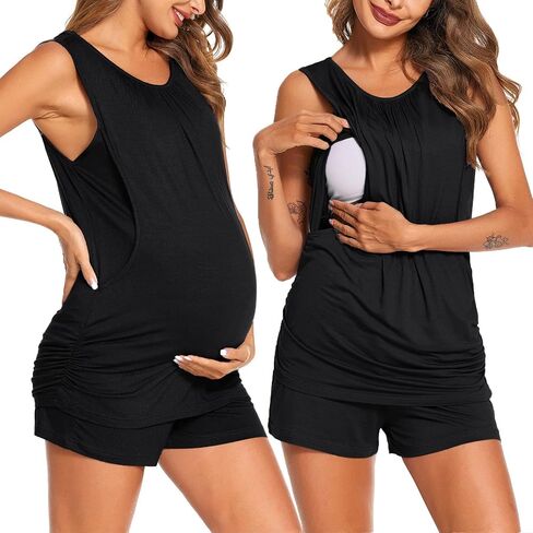 Ekouaer Women Maternity Nursing Pajama Set Breastfeeding Double Layer Pregnancy Pjs Set Sleeveless Top & Shorts with Pockets in Saudi Arabia