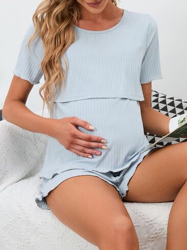 GORGLITTER طقم بيجامة نسائي مكون من قطعتين من نسيج الخس للأمومة برقبة دائرية وسروال قصير in Saudi Arabia