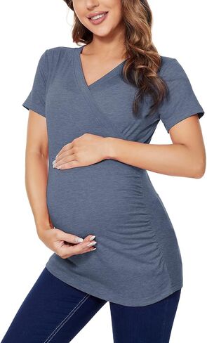 Liu & Qu Womens Maternity Nursing Tops Short Sleeve Breastfeeding Shirts Heather V Neck Clothes in Saudi Arabia