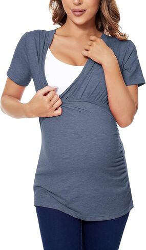Liu & Qu Womens Maternity Nursing Tops Short Sleeve Breastfeeding Shirts Heather V Neck Clothes in Saudi Arabia