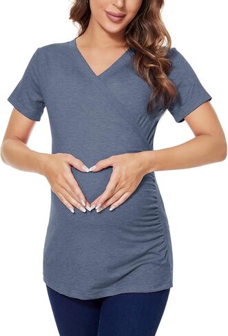 Liu & Qu Womens Maternity Nursing Tops Short Sleeve Breastfeeding Shirts Heather V Neck Clothes in Saudi Arabia