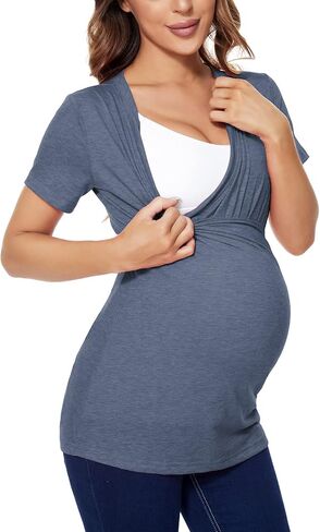 Liu & Qu Womens Maternity Nursing Tops Short Sleeve Breastfeeding Shirts Heather V Neck Clothes in Saudi Arabia