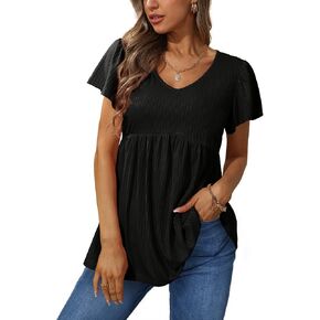 Glanzition Women Ruffle Short Sleeve V Neck Oversized Shirt Tunic Babydoll Tops