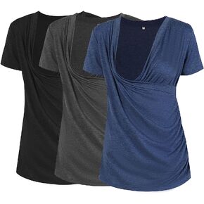 Liu & Qu Women's Maternity Nursing Tops, Layered Wrap for Breastfeeding, V-Neck Short Sleeve Tee Shirts 3 Packs
