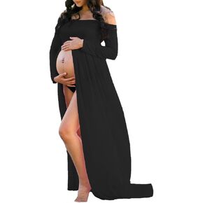 Mommy Jennie Maternity Dress Long Sleeve Gown for Photoshoot | Off Shoulder, Split Front, For Photography, Chiffon Shoot, Baby Shower, Beach Picture Dress, Maternity Photoshoot Outfits in Saudi Arabia