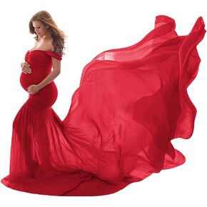 Womens Off Shoulder Maternity Dress Mermaid Chiffon Gown Maxi Photography Dress for Photoshoot Baby Shower Wedding