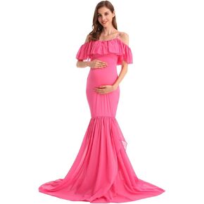 MYRISAM Women's Off Shoulder Ruffles Maternity Baby Shower Dress Mermaid Layerd Chiffon Wedding Party Slim Fitted Gown