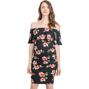 Hello MIZ Women's Floral Ruffle Off Shoulder Maternity Dress - Made in USA in Saudi Arabia