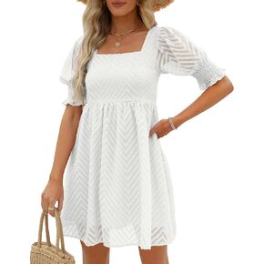 WEESO Womens Summer Puff Sleeve Square Neck Empire Waist Babydoll Dresses XXS-2XL