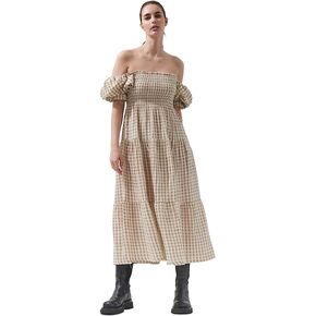NOTHING FITS BUT Women’s Long Nursing Cotton Dress, Muslin Gingham Kiko Maternity Gown, Ideal for Baby Shower