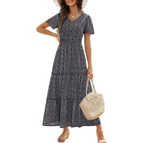 Zattcas Womens 2026 Long Summer Dress Short Flutter Sleeve V Neck Casual Smocked Tiered Modest Floral Boho Maxi Dress in Saudi Arabia
